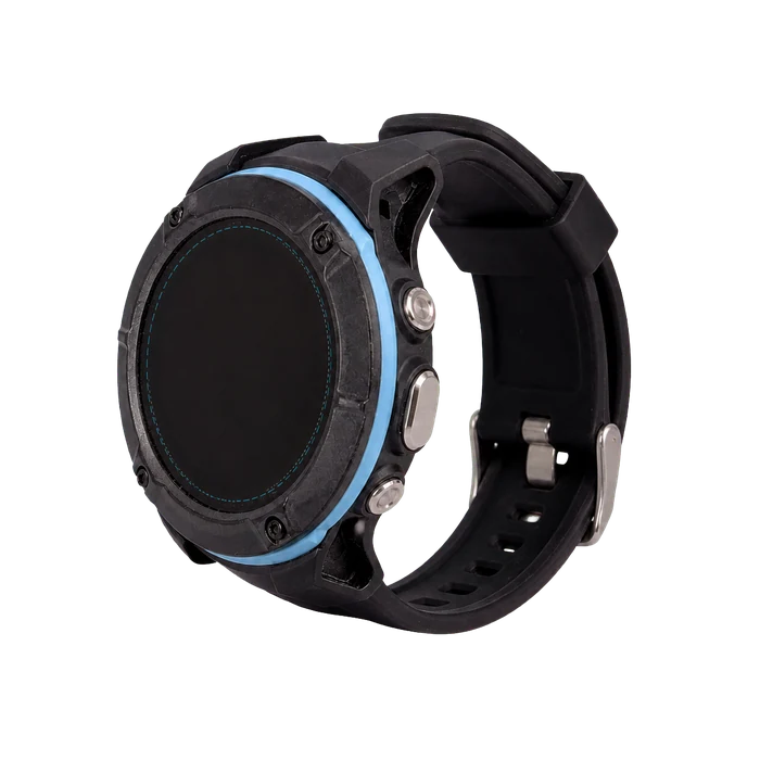 Side buttons and silicone strap of the black STINT engineering unit