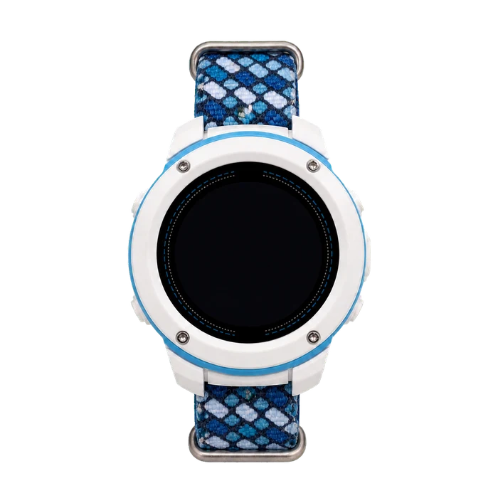 White STINT engineering unit, front view with blue-and-white woven strap and screen off