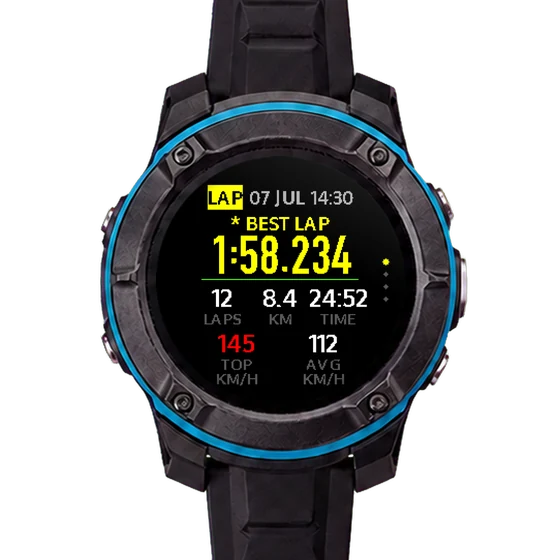 STINT track session summary screen: best lap 1:58.234, 12 laps, top speed 145 km/h