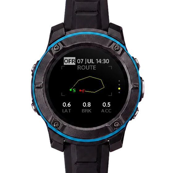 STINT ROUTE track screen: start/finish S/F, LAT / BRK / ACC